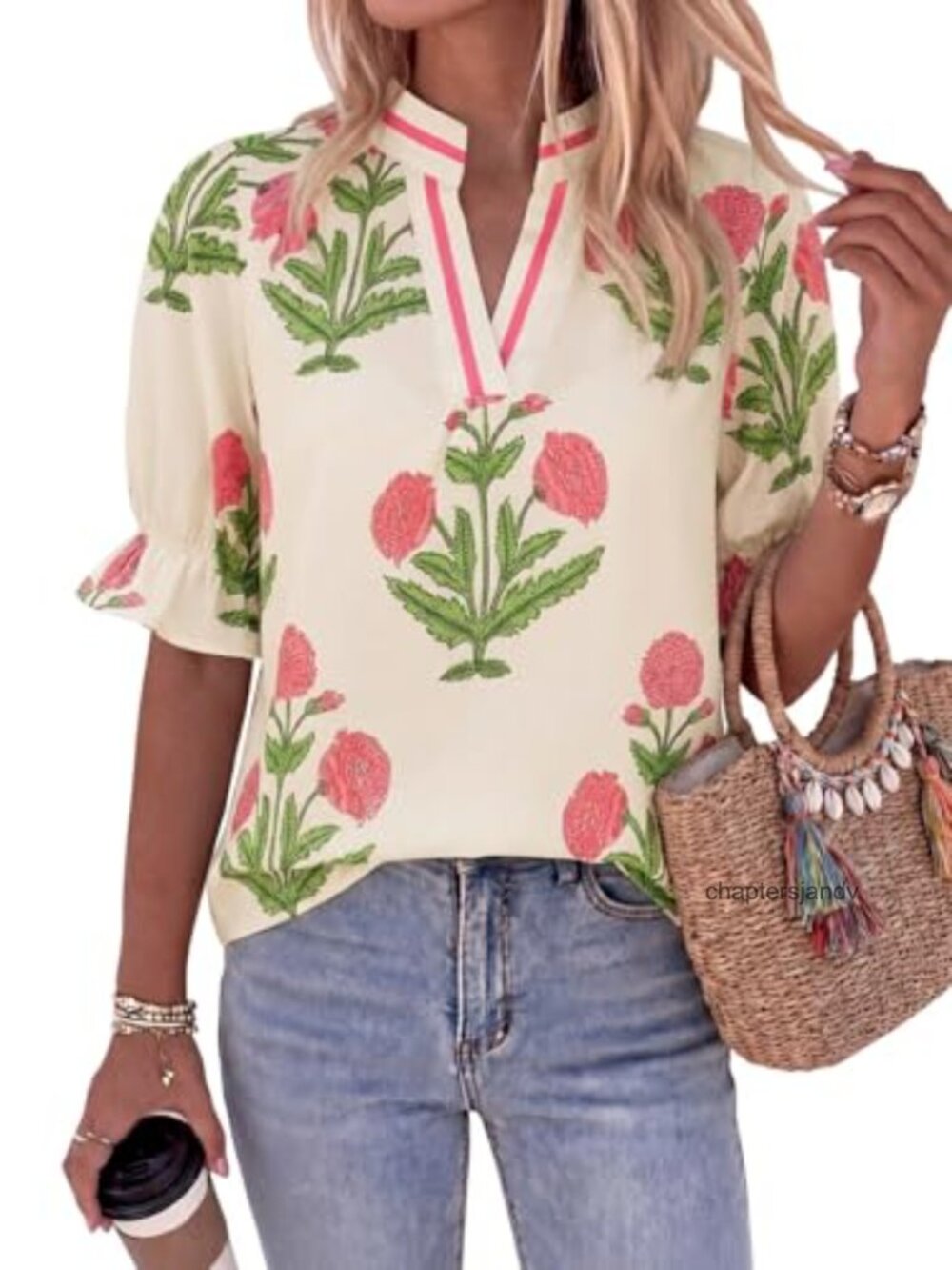 Women's Floral Blouse Puff Ruffle Sleeve V Neck Boho Summer Top